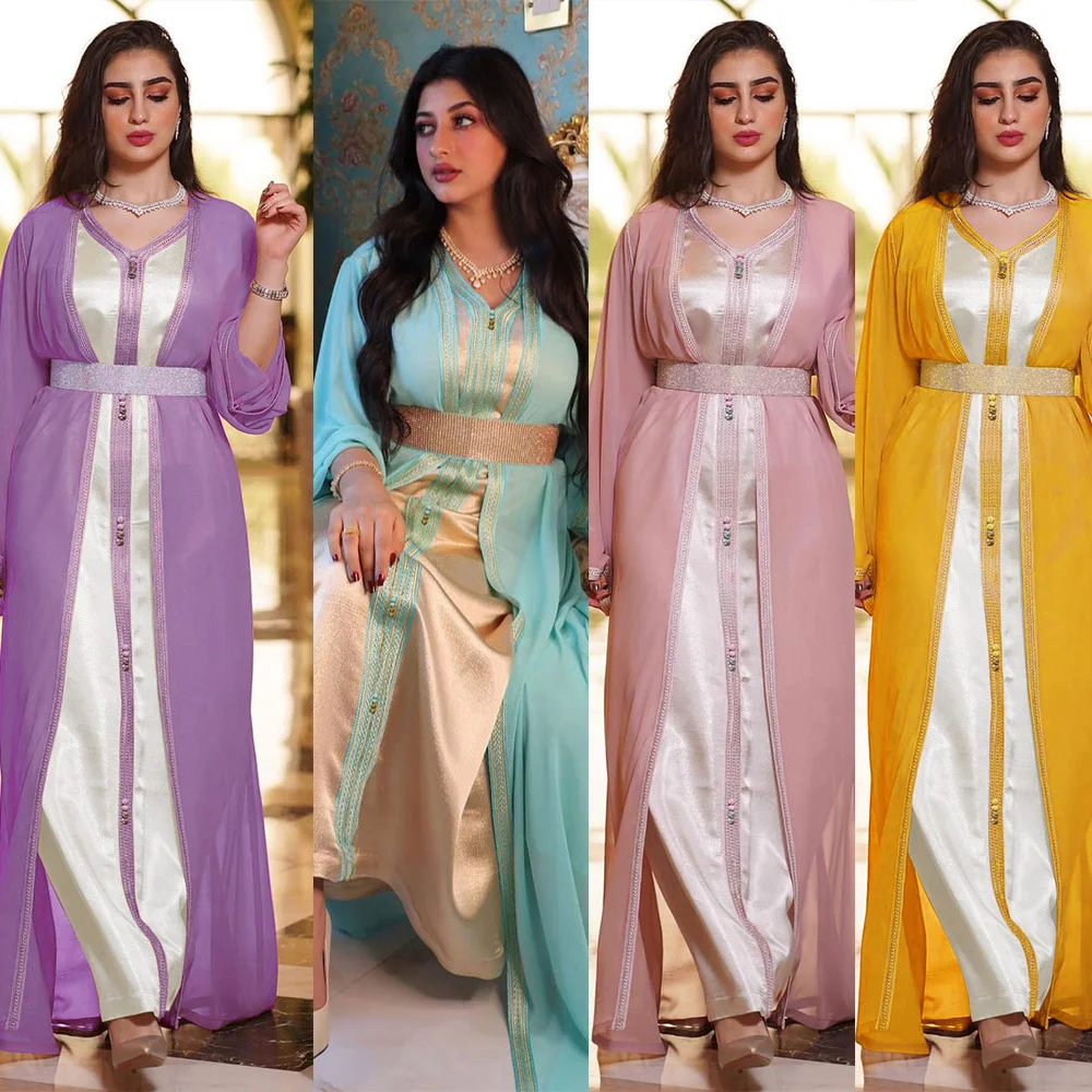 

Abaya Woman Dubai Luxury Evening Dresses 2 Pieces Muslim Sets Clothes Long Robe Turkey Caftan Marocain Shiny Diamond Yellow Pink
