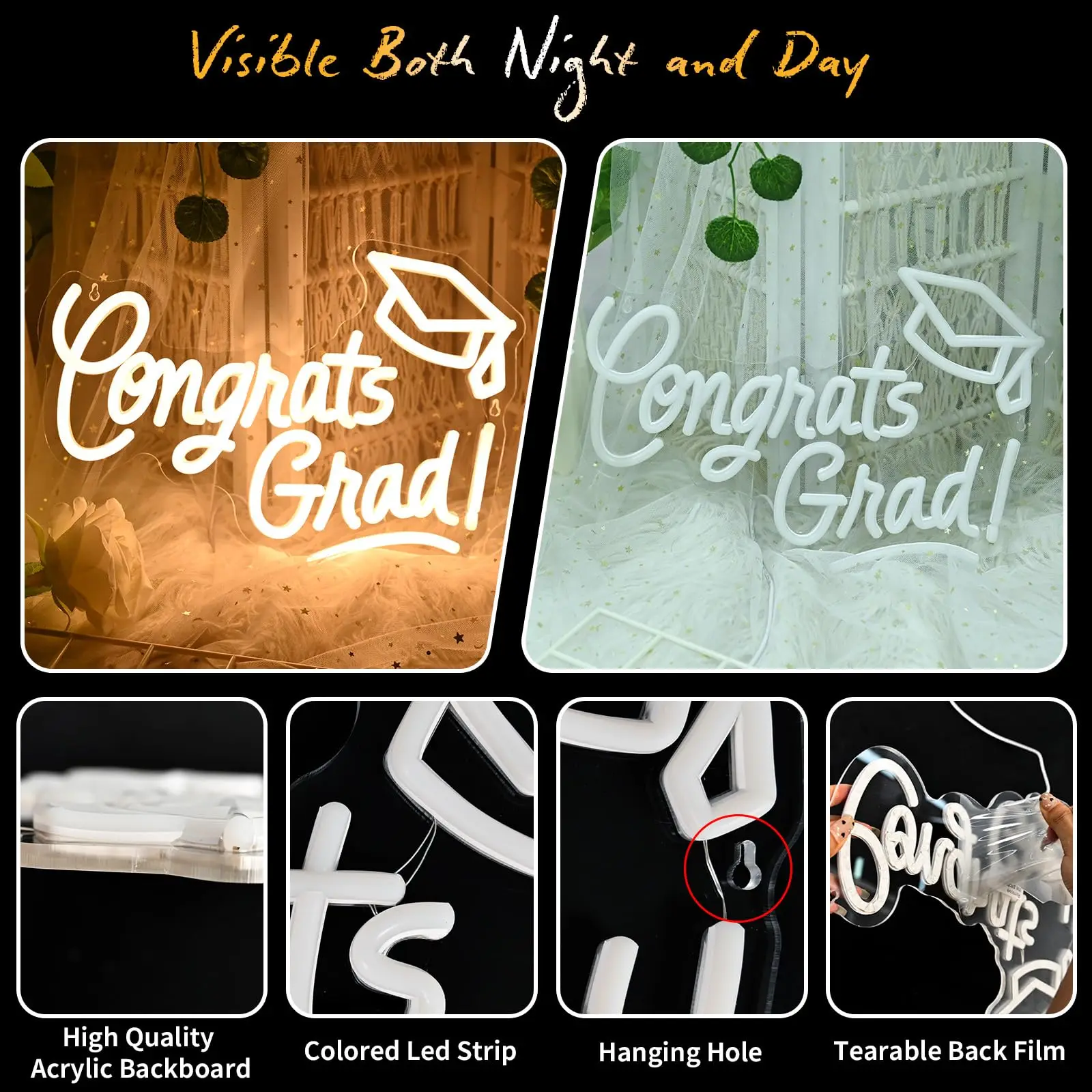 Неоновая вывеска &quotCongrats Grad" белая-синяя-золотая