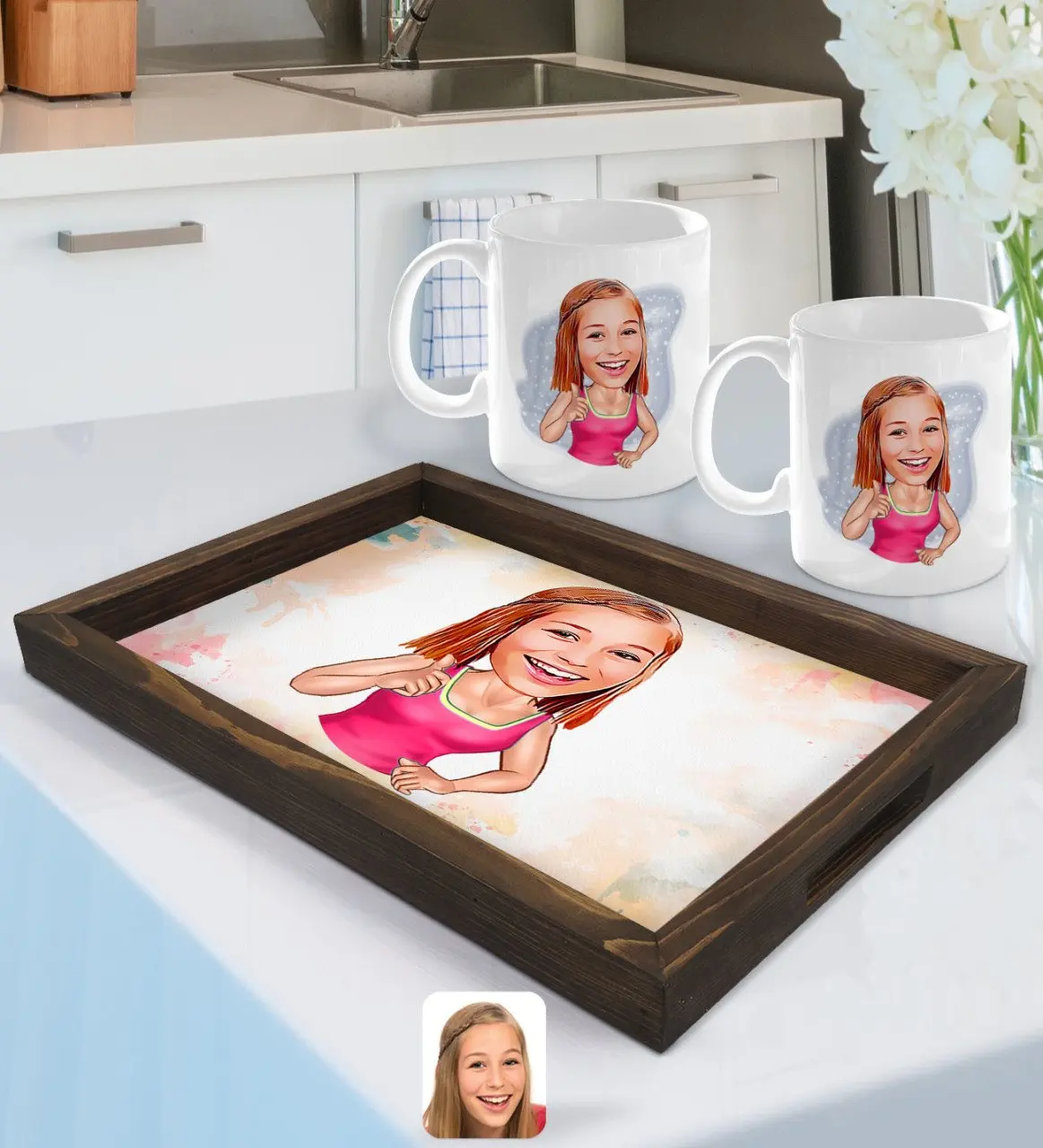 

Персонализированная карикатура для старшей сестры поднос из натурального дерева и 2gang Cup Seti-1