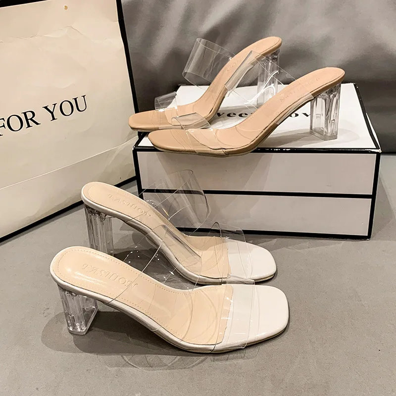 

Шлепанцы женские на квадратном каблуке, прозрачные базовые Туфли-желе, квадратный каблук, блестящие сандалии, пикантная обувь в римском стиле, весна 2023