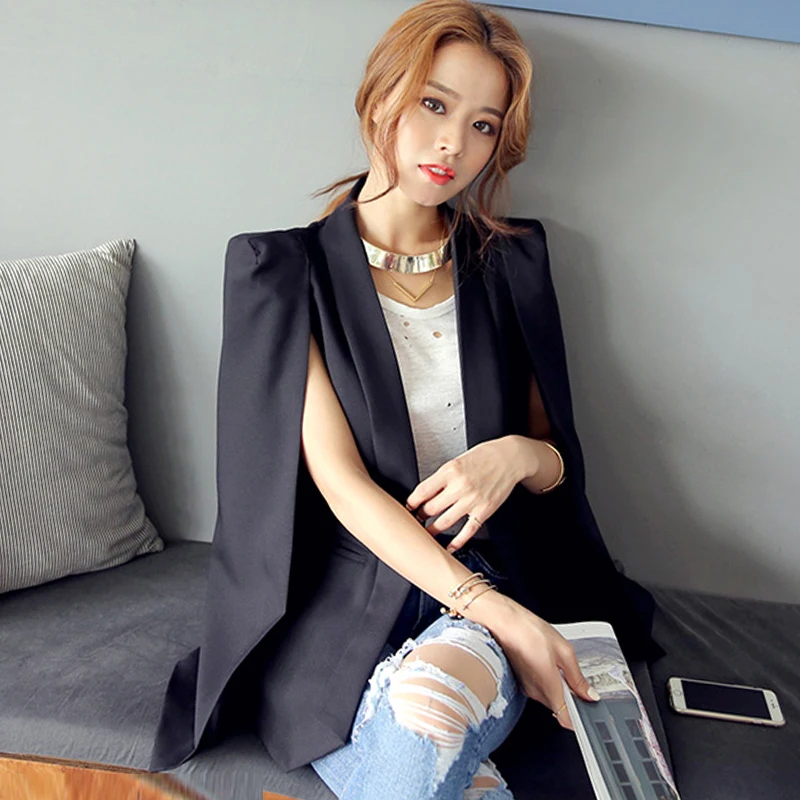 Shawl Collar Casual Lapel Cardigan Split-sleeve Cloak Blazer New Female Autumn Solid Color OL Blazer Jacket Black and White