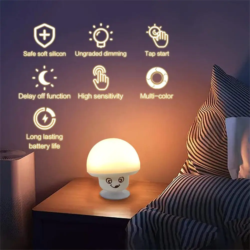 

LED Night Light Bedroom Pat Sensor Mushroom Light Silicone USB Powered Bedside Lamp Colorful Discoloration Cartoon Style Shape
