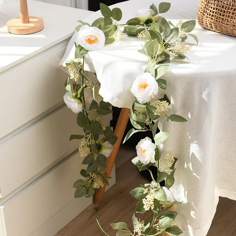 

Искусственная Роза, плющ, лоза, белая имитация камелии, растение из ротанга для дома, украшение для свадебной вечеринки, настенное украшение...