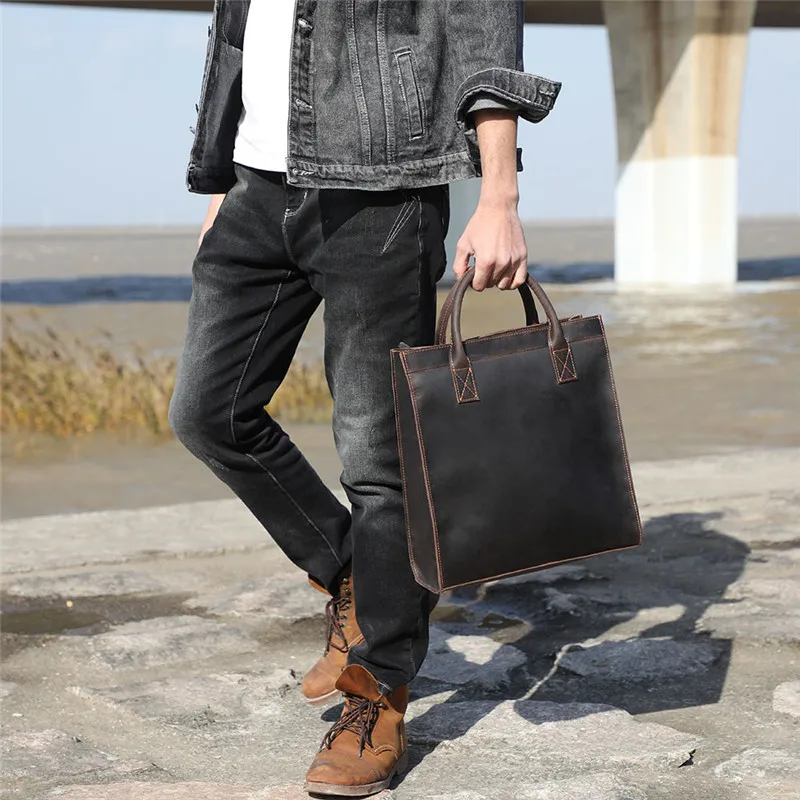 Vintage crazy horse cowhide men's briefcase business simple natural organizer genuine leather office A4 file bag handbag satchel