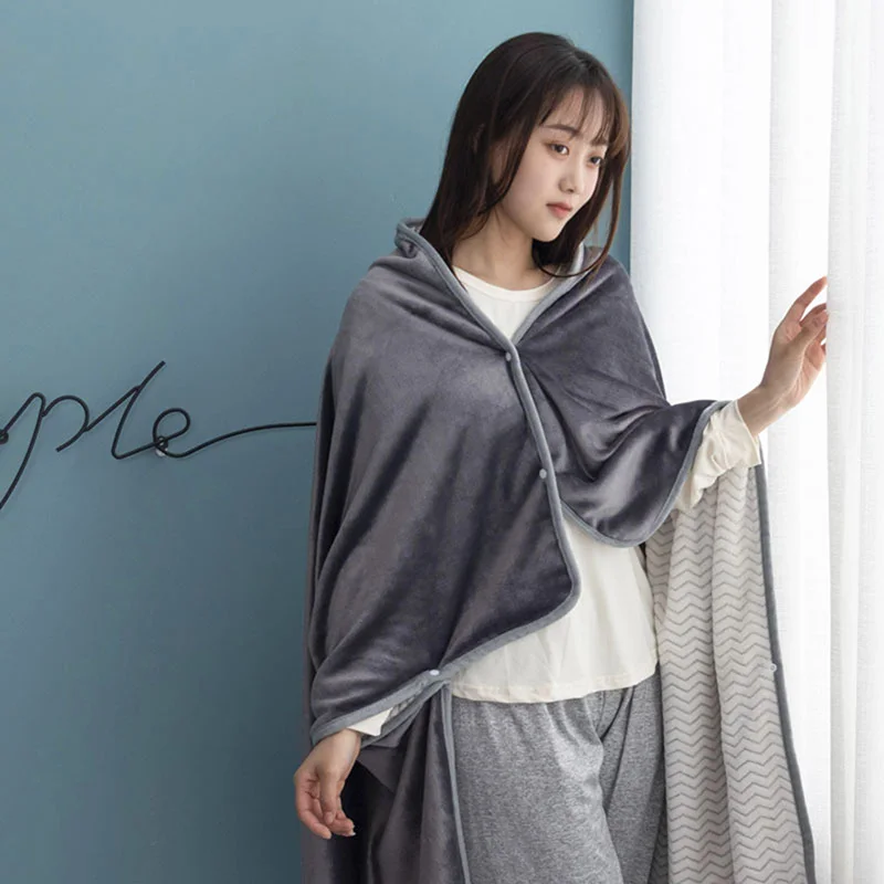 

Wearable Plaid Fleece Blanket With Button Polyester Winter Warm Throws on Sofa Bed Travel Thicken Bedroom Grey Throw Blanket