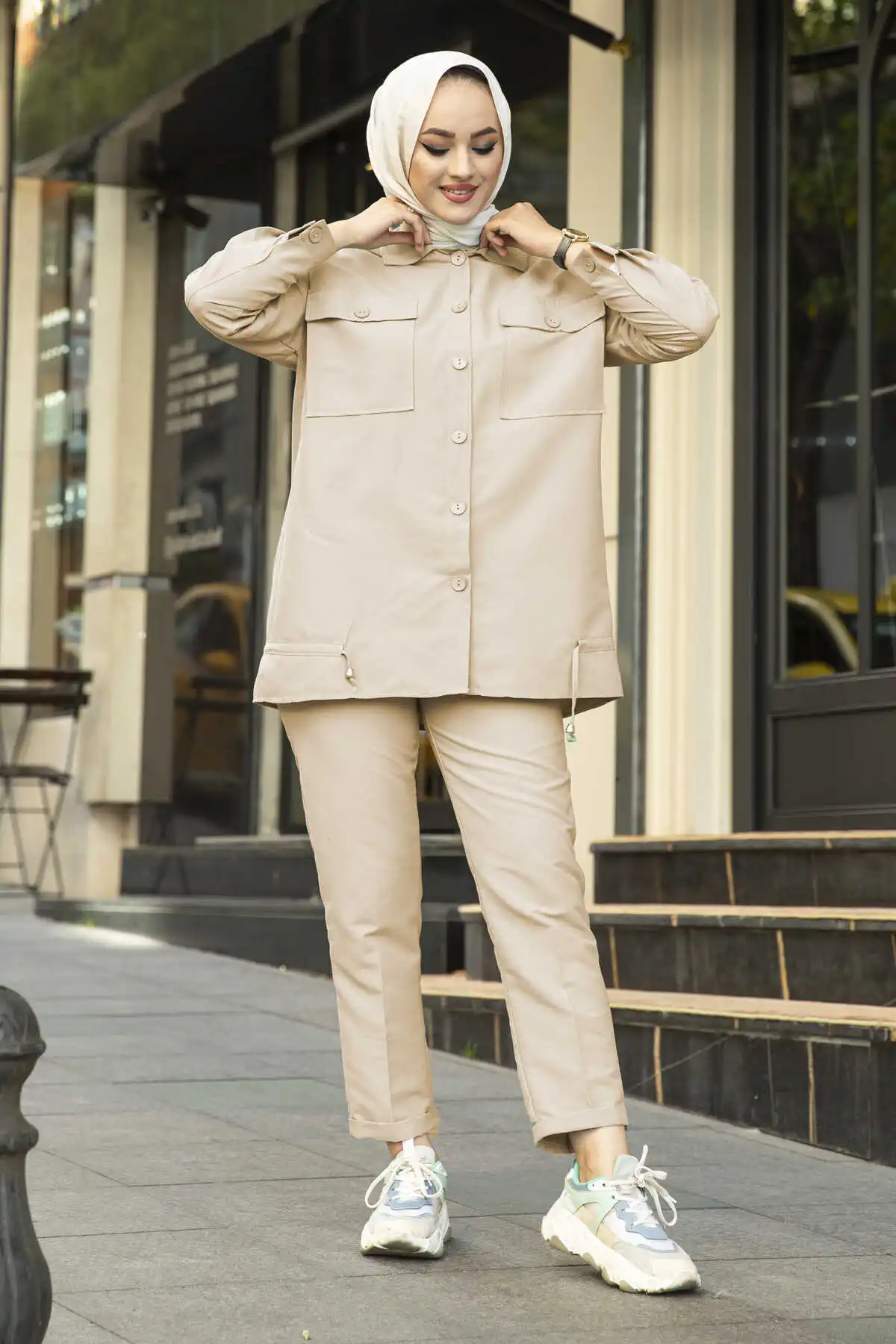 

Hijab Style Shirt Pants Suit Cream Winter Autumn 2021 Muslim Women Hijab headscarf Islamic Turkey