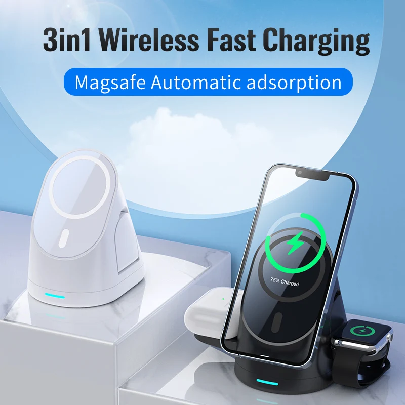 

Fast Obile Phone Watch Headset Wireless Magnetic Suction Suitable Charging Dock Station 20w Wireless Charger 3 In 1 Foldable