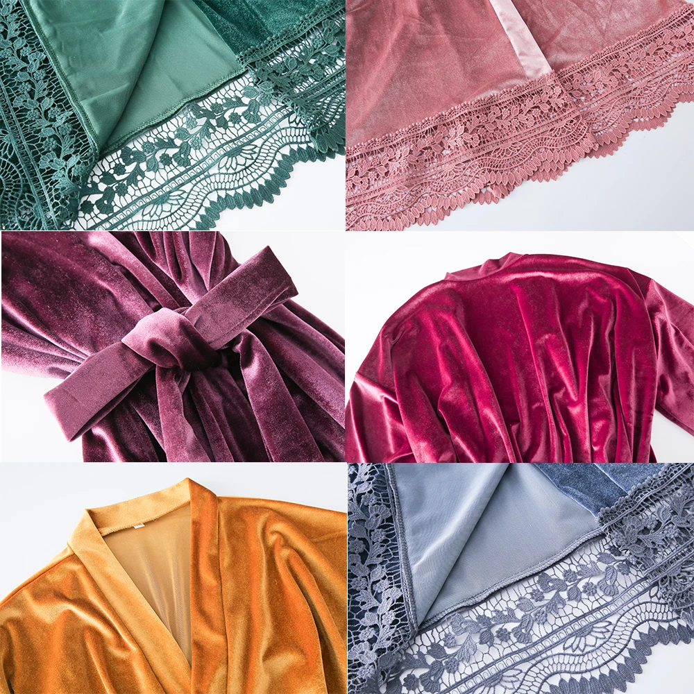 Winter Robe Women Long Solid Velvet Robe Bridal Robe Bridesmaid Robes Lace Trim Wedding Robe Sleepwear Bathrobe   Long Gowns