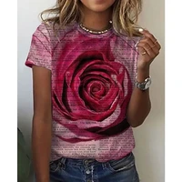 red rose pattern letter pattern women t shirt top summer daily casual 3d round neck t shirt fashion shirt short sleeve