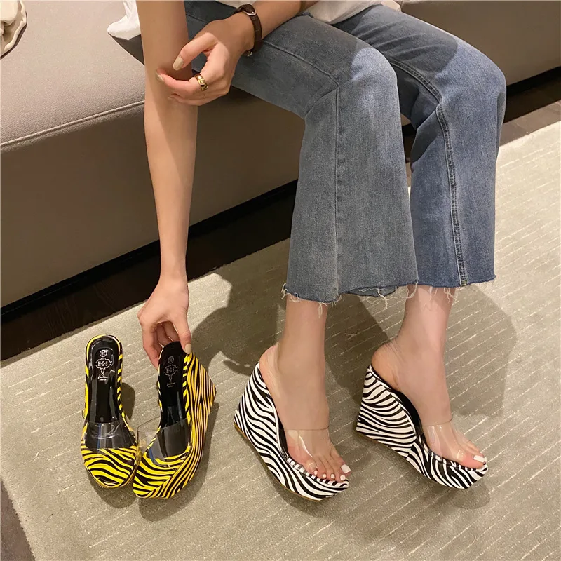 

Shoes Transparent Slippers Platform Women Heels On A Wedge Peep Toe Slides Pantofle High 2022 Rome PVC Fabric Basic PU Rubber