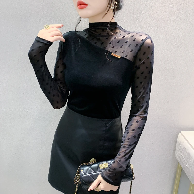 

Новинка 2023, осенне-зимняя европейская одежда, футболка, сексуальные сетчатые женские топы в стиле пэчворк, женские футболки, 311010