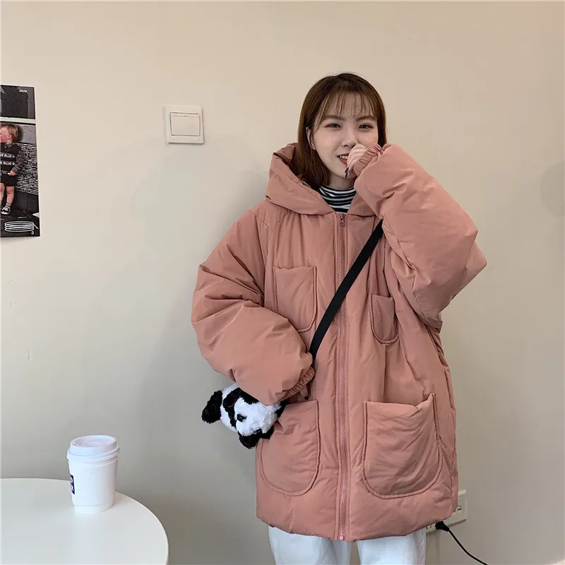 Autumn Female Solid Color Casual Outwear Overcoat with Pockets Women Thick Quilted Jackets Winter Warm Hooded Loose Cotton Coats