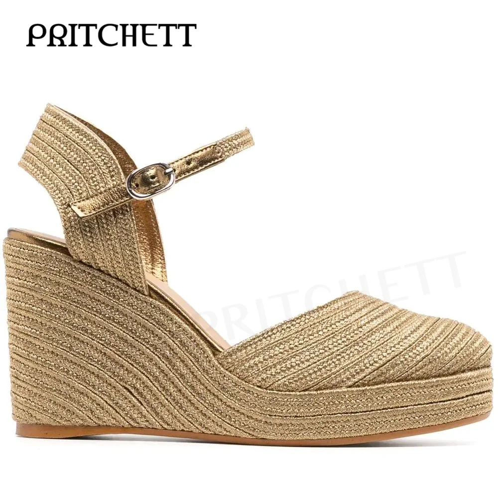 Gold Wedge Heel Espadrilles Round Toe Wedge Hollow Baotou High Heels Fashion Ankle Buckle Banquet Temperament Women's Shoes