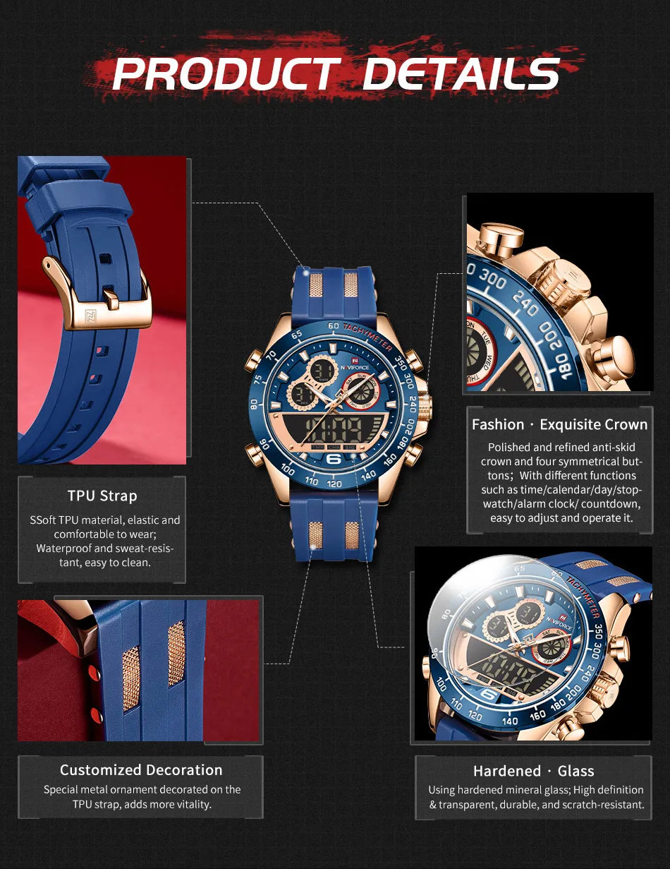 NAVIFORCE Модные светодиодные часы Мужские лучший бренд класса люкс синие резиновые