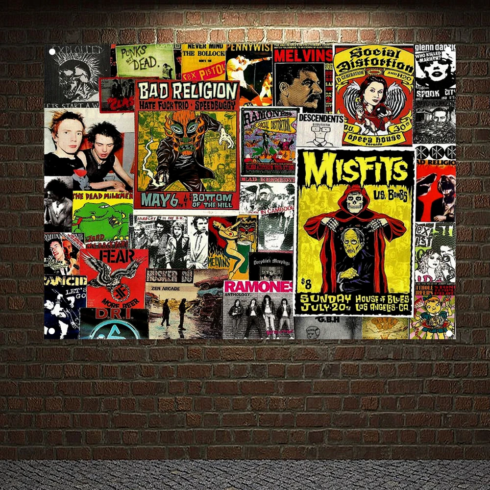 

Punk Rock Music Collage Posters Wall Hanging Mix Heavy Metal Band Team Logo Banners Flag Wall Art Canvas Painting Home Decor