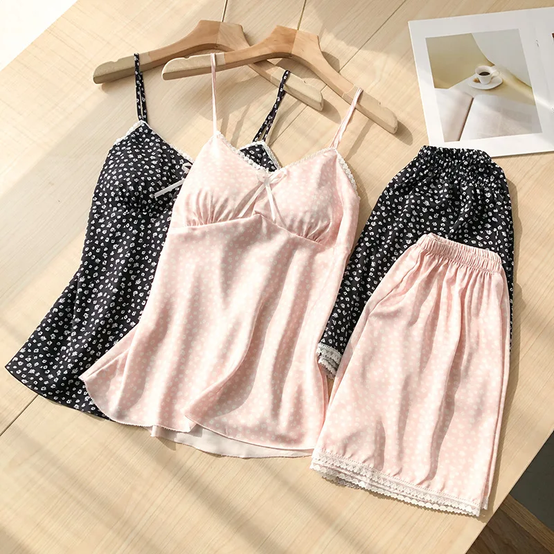 

Print Floral Strap&shorts 2Pcs Pajamas Women Lace Sleepwear Mini Nightwear Rayon Soft Loungewear with Chest Pad Lingerie