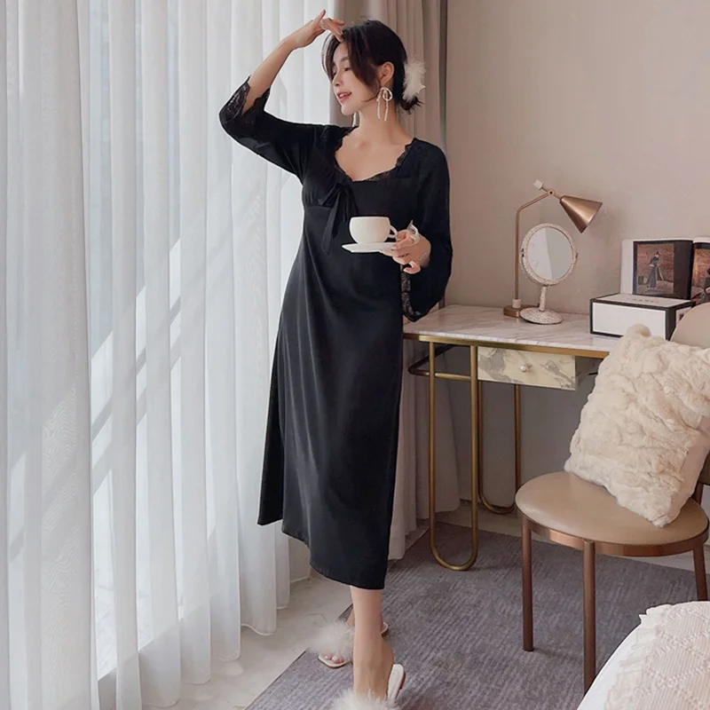 Silk Nightgowns Women's Nightwear Long Dress Sleepwear Elegant Lace Nighty Satin Luxury Ladies Lingerie Sleep Tops Dress