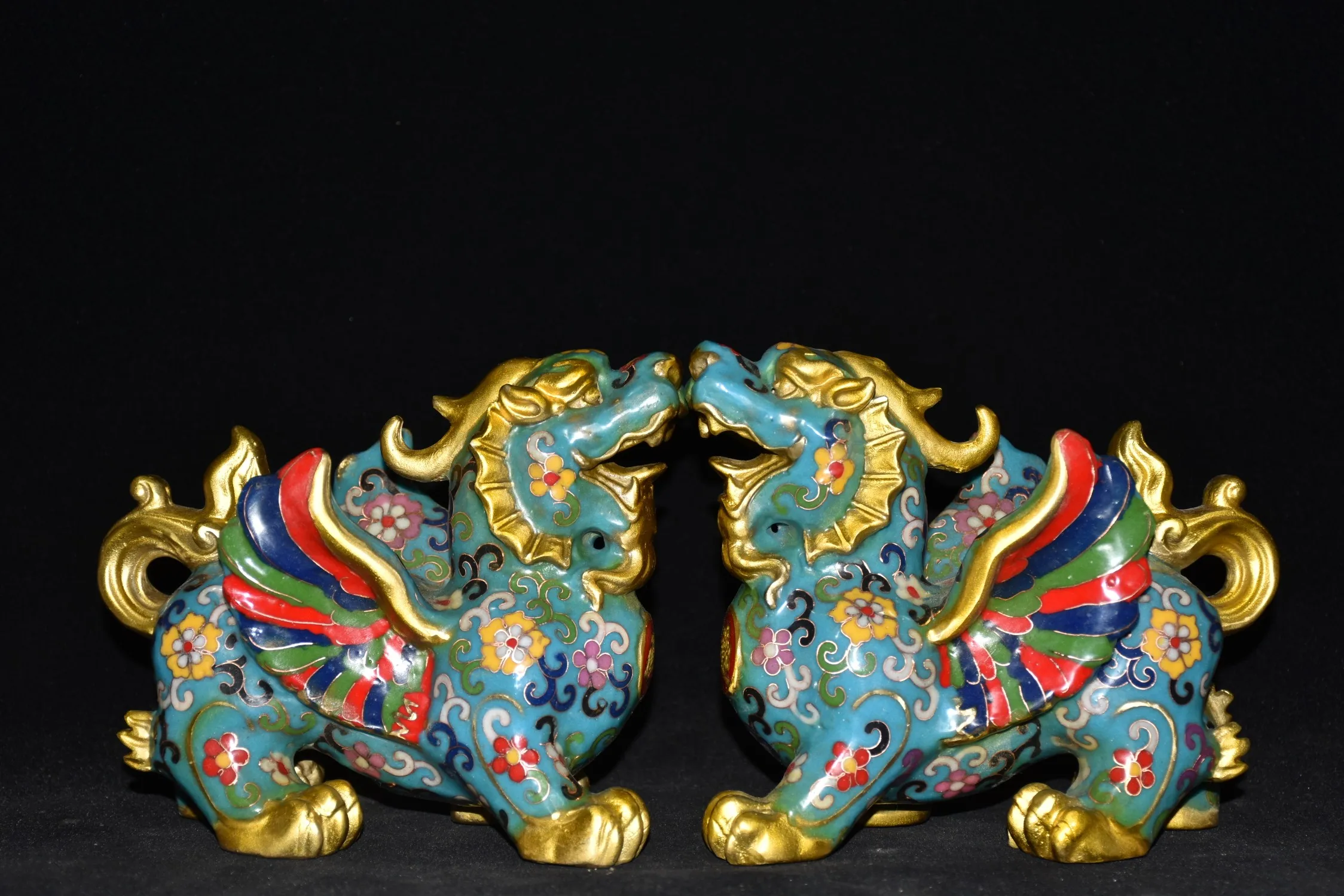 

7" Tibetan Temple Collection Old Bronze Cloisonne Enamel flying beast Kirin unicorn a pair bless Lucky ornament Town house