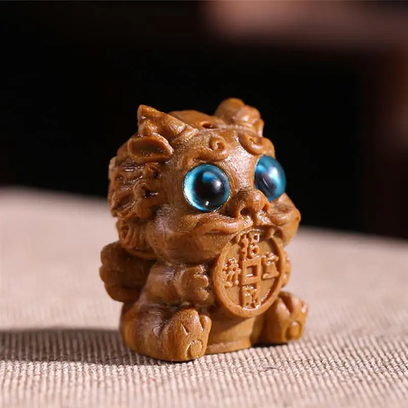 

Cat Animal Wooden Figurine Keychain Chinese Statue Figurines Pendants Lucky Carved Sculpture Desktop Hanging Ornament Key Charms