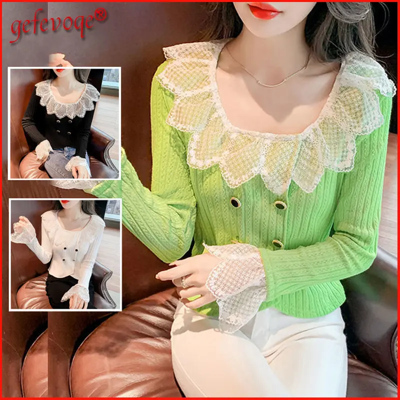 

Lace Patchwork Square Collar Elegant Chic Crop Top Women Trendy Slim Sweet Long Sleeve Basic T-shirt 2022 Spring Autumn Clothes
