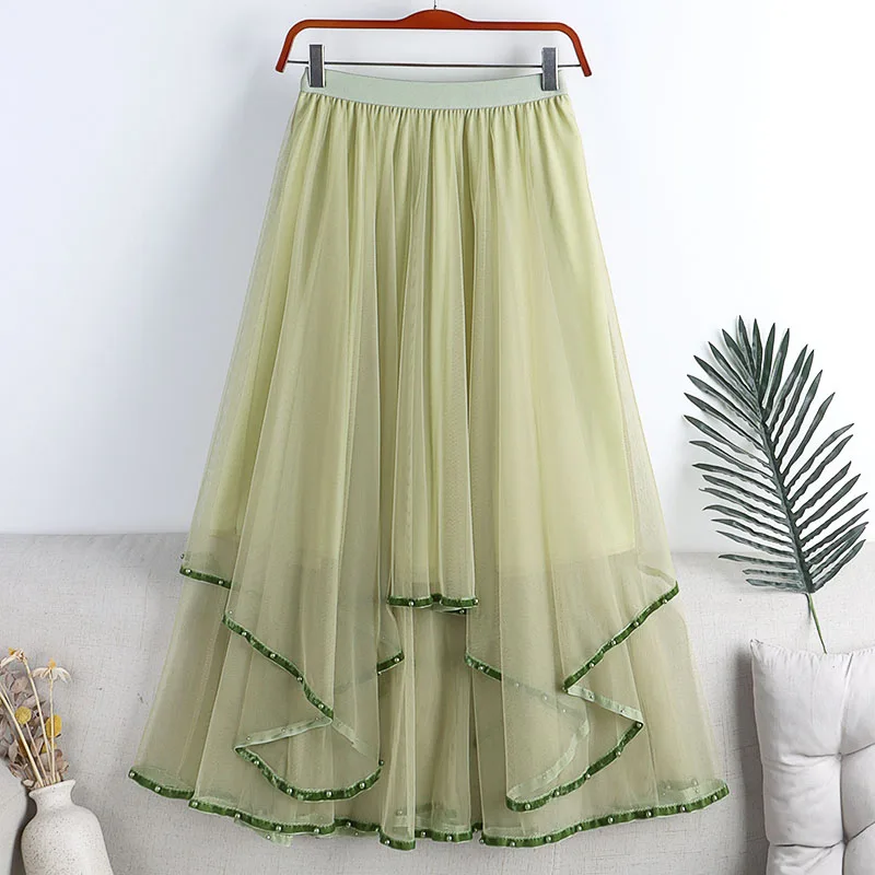 

Irregular Mesh Skirt with Beaded Women 2022 New High Waist Midi Long Large Swing A-line Skirt Female Streetwear Mujer Faldas