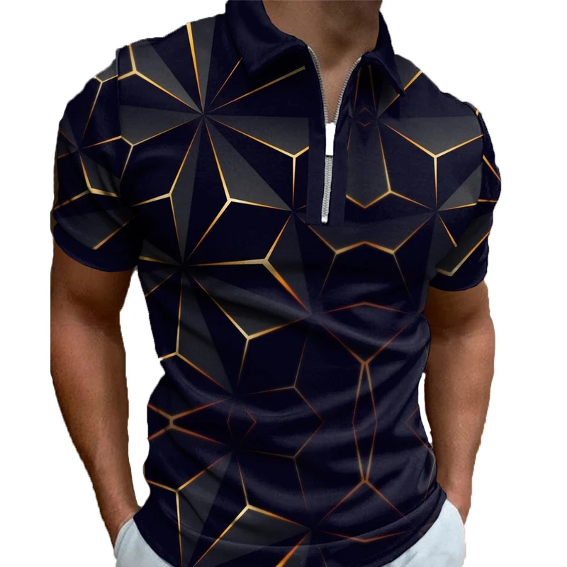 

Summer Polo Shirt Men's Lapel Zipper Short Sleeve Digital Printing Stripe Polo Tshirt 3D Pattern Graphics Trendy Summer T-Shirt