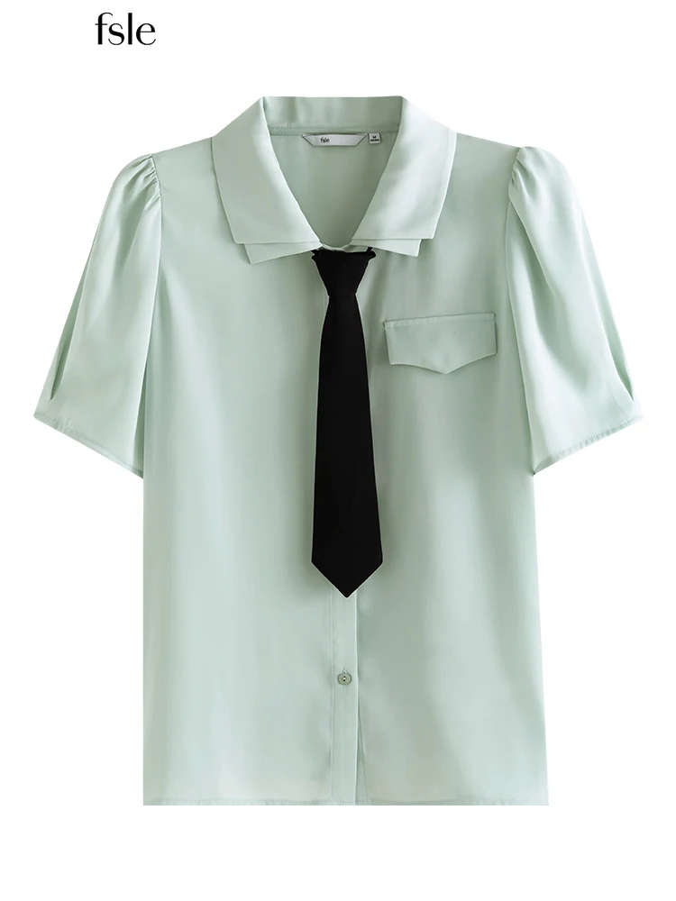 

FSLE Французский дизайн Рубашки женские Офисная леди Сплошной цвет Все матчи Казуальные Коммутировать с галстуком Female Tops