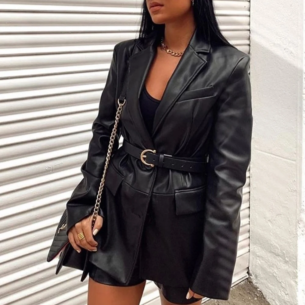 Women Autumn Black Faux Leather Jacket Long Sleeve Lapel Single Breasted Leather New Winter Female Fashion High Street Long Coat
