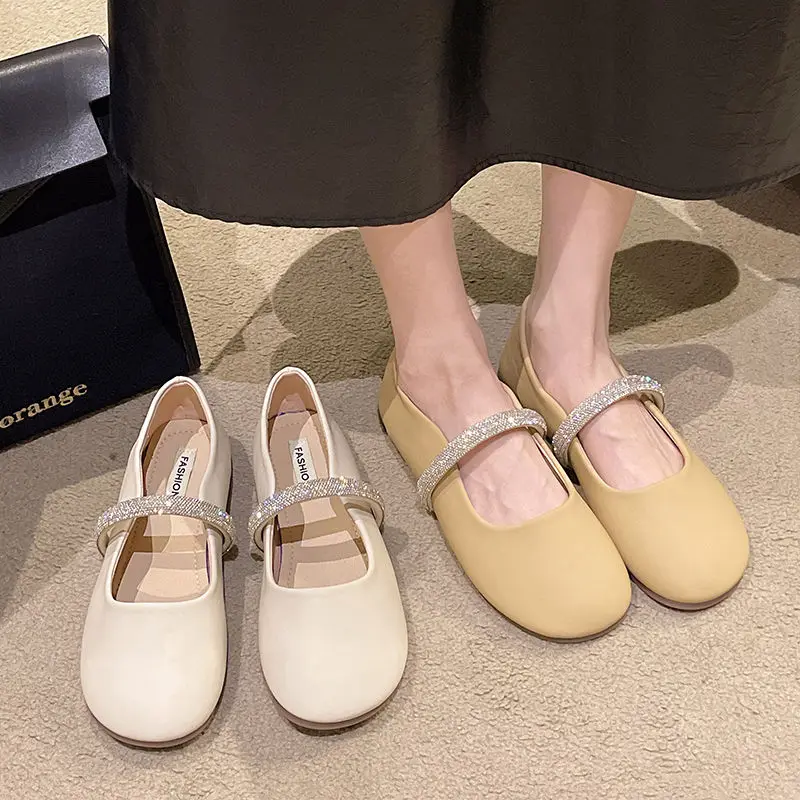

Shoes Woman Flats Low Heels Crystal Autumn Shallow Mouth Soft Dress Driving Grandma New Rhinestone Fall Retro Rubber PU Basic Ma
