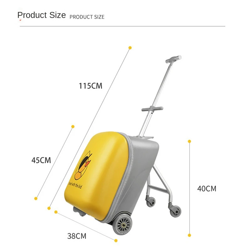 Children Cartoon ride on carry on suitcase new 2023 Lazy kids trolley case box scooter suitcase rolling luggage yellow duck
