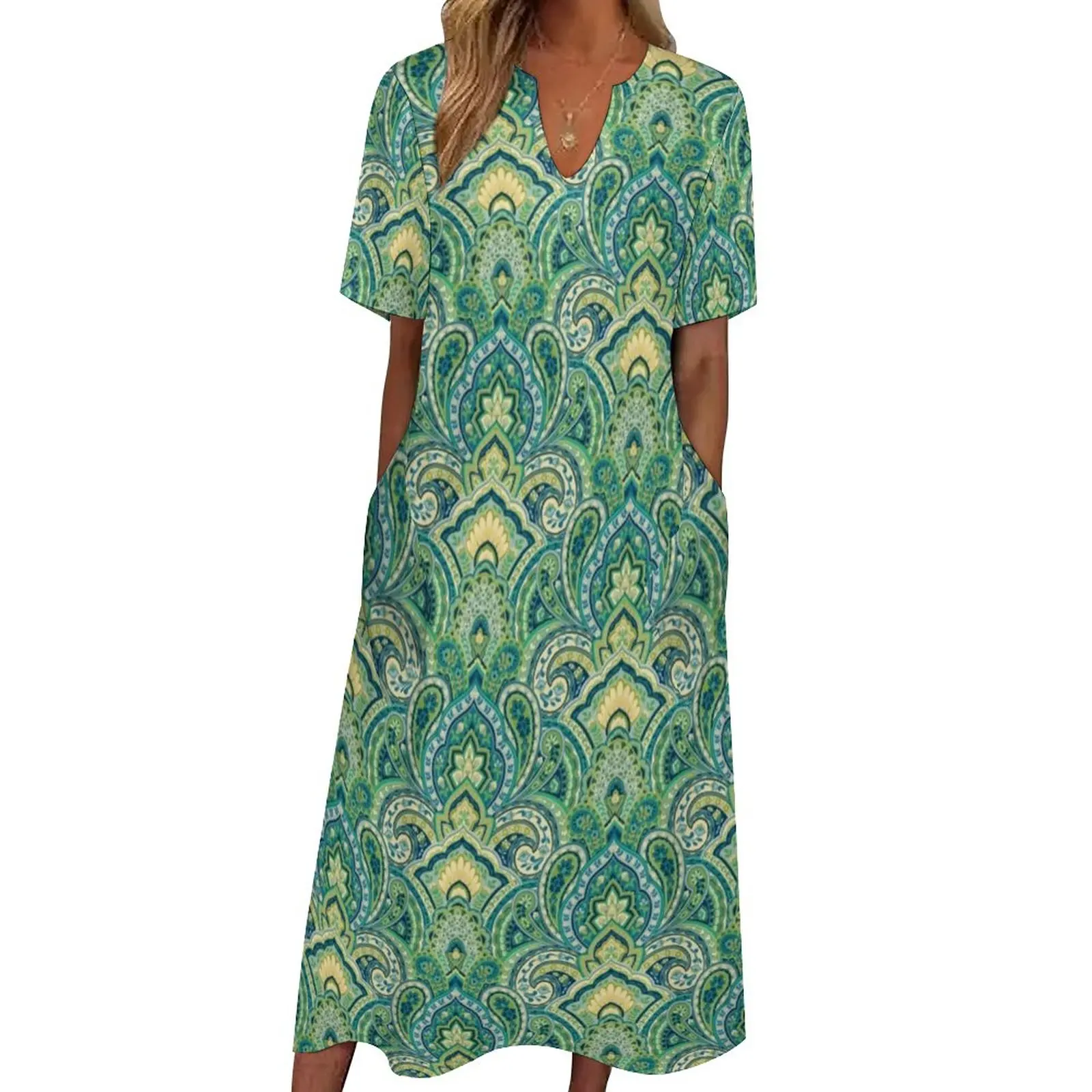 

Green Paisley Style Dress Summer Vintage Print Street Wear Bohemia Long Dresses Female Elegant Maxi Dress Gift Idea