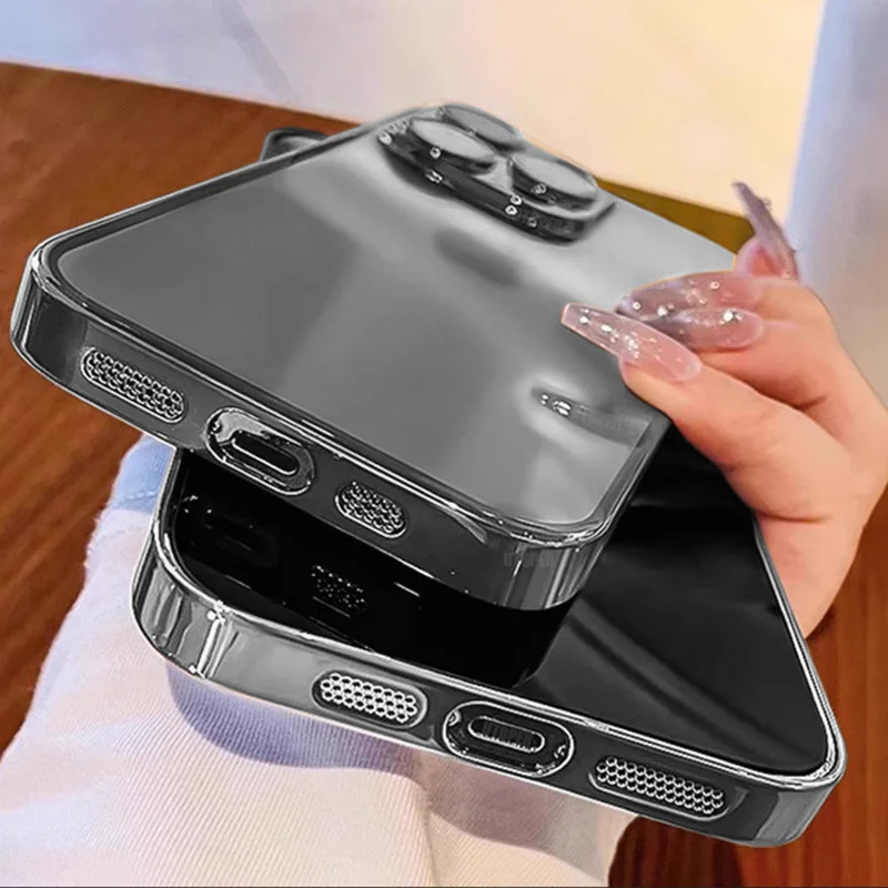 Luxury Plating High Transparent Soft Phone Case For IPhone 16 15 14 13 12 11 Pro Max Plus Lens Film Protection Shockproof Cover