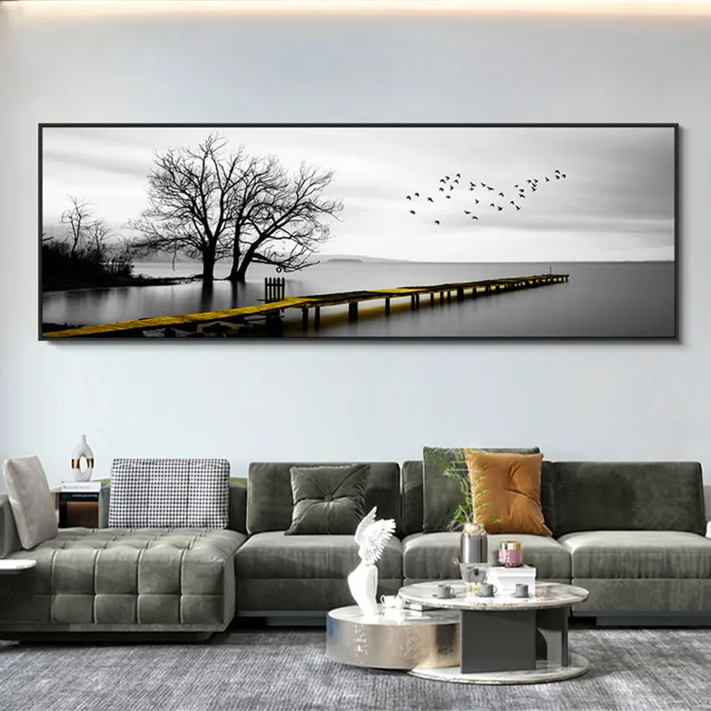 

Black White Golden Wooden Bridge Poster Prints Nordic Abstract Landscape Canvas Painting Living Room Home Decor Wall Art Picture