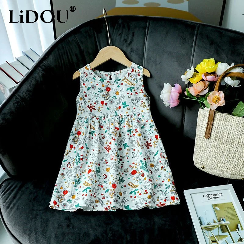 

2023 New Korean Fashion Summer Chic Girls Dress Cute Kawaii Aesthetic Sweet Loose Casual Sleeveless Robes Children Clothes