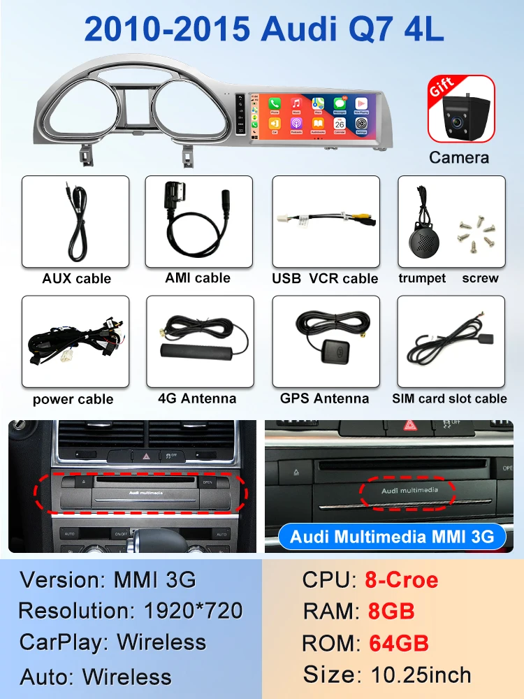 

2024 Новый автомобильный мультимедийный беспроводной Android AUTO CarPlay 10,25-дюймовый экран для AUDI Q7 2005-2015 лет Автомобильные видеоплееры GPS NAVI