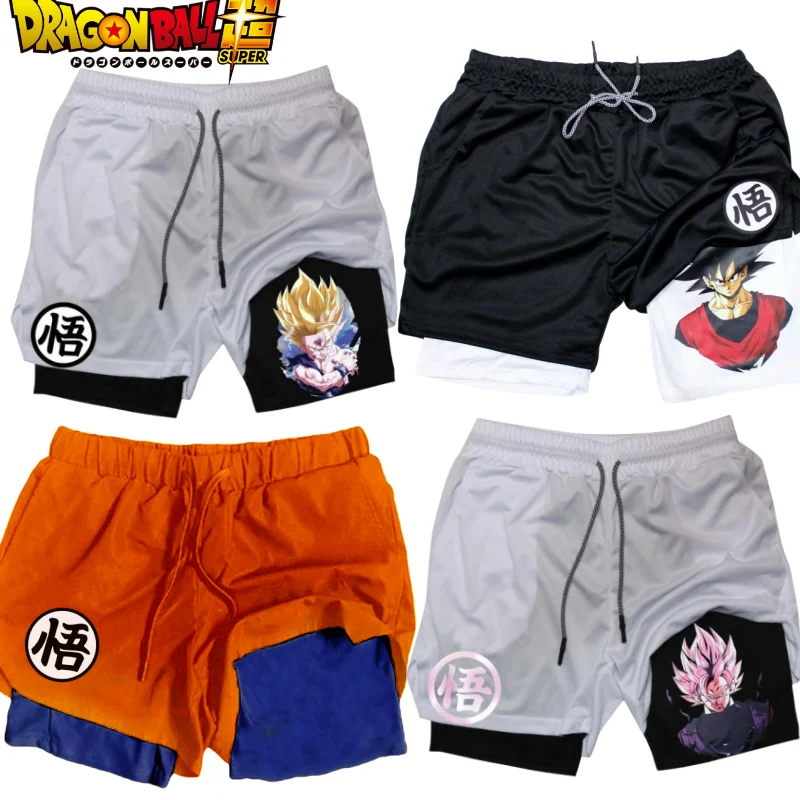 

Мужские двухслойные спортивные шорты Dragon Ball 2023, спортивная одежда с мультяшным рисунком, дышащие пляжные брюки для бега