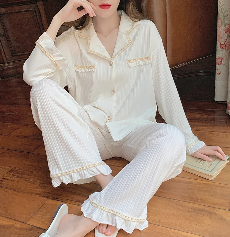 

Luxury high-end Cotton Home Suits cute Sleepwear Pajamas for Women Summer 2021 Pyjamas Girls Pijama Long Sleeve Pjs Ruffle
