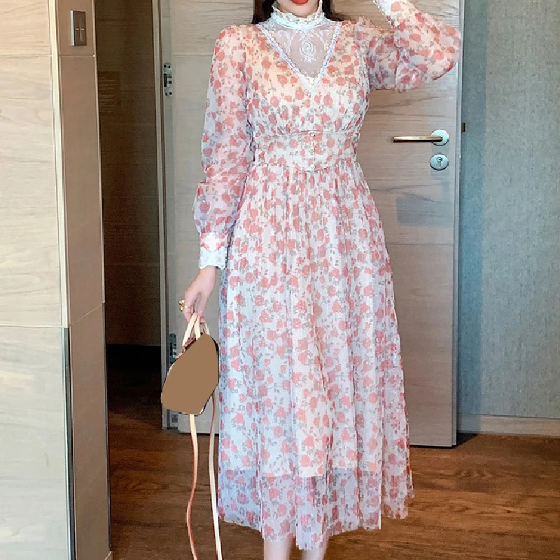 

Flower Dress Female Spring Autumn Mesh Printing Elegant Ladies Long Sleeve Vintage Maxi Dresses for Women Vestido De Mujer 2022