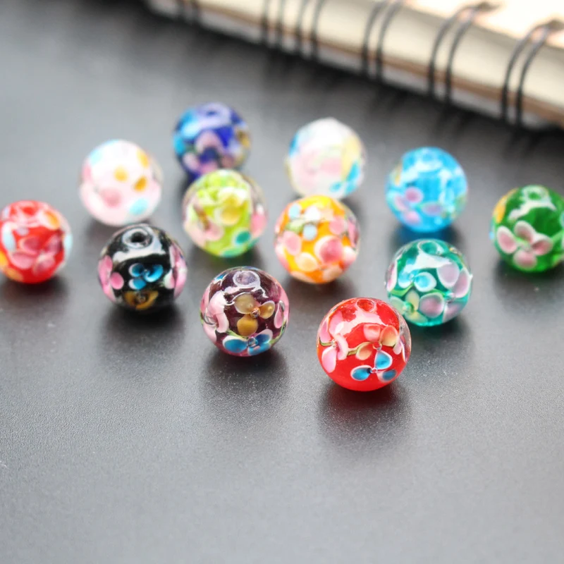 10Pcs 12mm 14mm Handmade Glass Lampwork beads Flower Simply Purple Green Brown Color  for Jewelry Making Wholesale and Retail