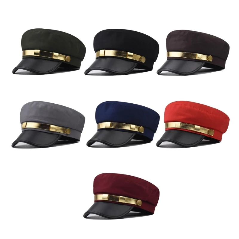 

L93F Y2k Navy Sailor Hat All-match Men Women Octagonal Hat Casual Uniform Pu-leather Brim Hat Ladies Taking Photo Hat