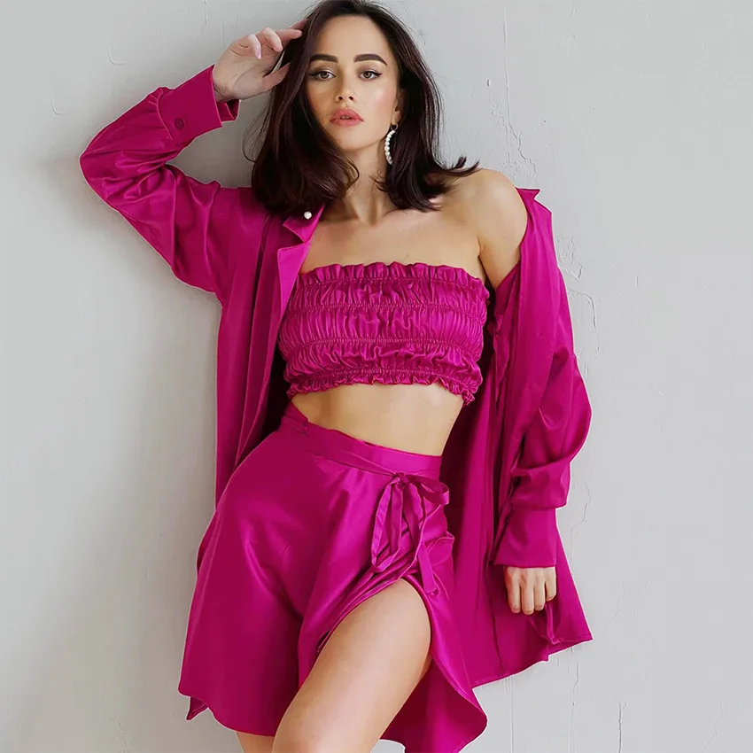 

Women Solid Satin 3 Piece Set Elegant Loose Long Sleeve Coat Casual High Waist Female Fashion Streetwear Chest Wrap Skirt Slit