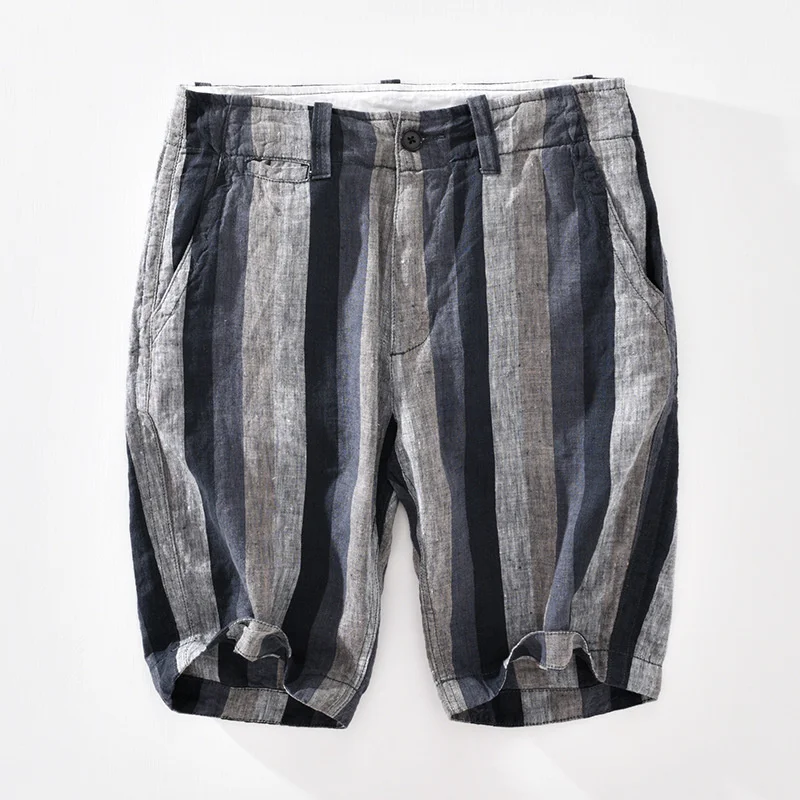 

2022 Summer Spring New Men Contrast Striped Linen Pants Lightweight Beach Straight Loose Casual Five-point Shorts GA-802