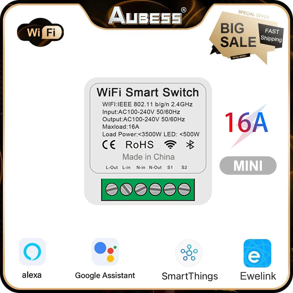

10PC Wifi Smart Switch 16A Mini Light Switches 2 Way Wireless Control Relay Tuya Smart Life App Timer Support Alexa Google Home