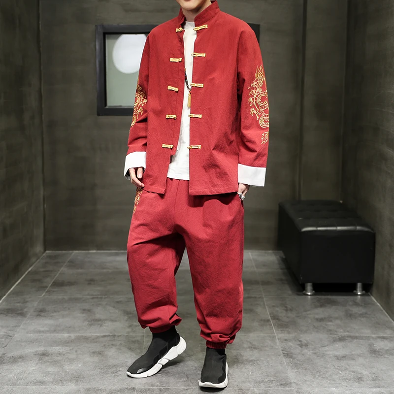 

2022 Chinese Style Men's Clothing Cotton Linen Hanfu Tang Suit Embroidery Buckle Splicing Two-piece Set Coat + Pants