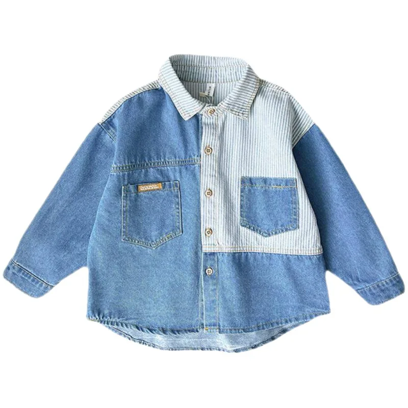 

Boys Cardigan Jacket Spring Summer Patchwork Stripe Soft Denim Shirt Children'sTurndown Collar Korean Clothing for 2-8T Out Tops