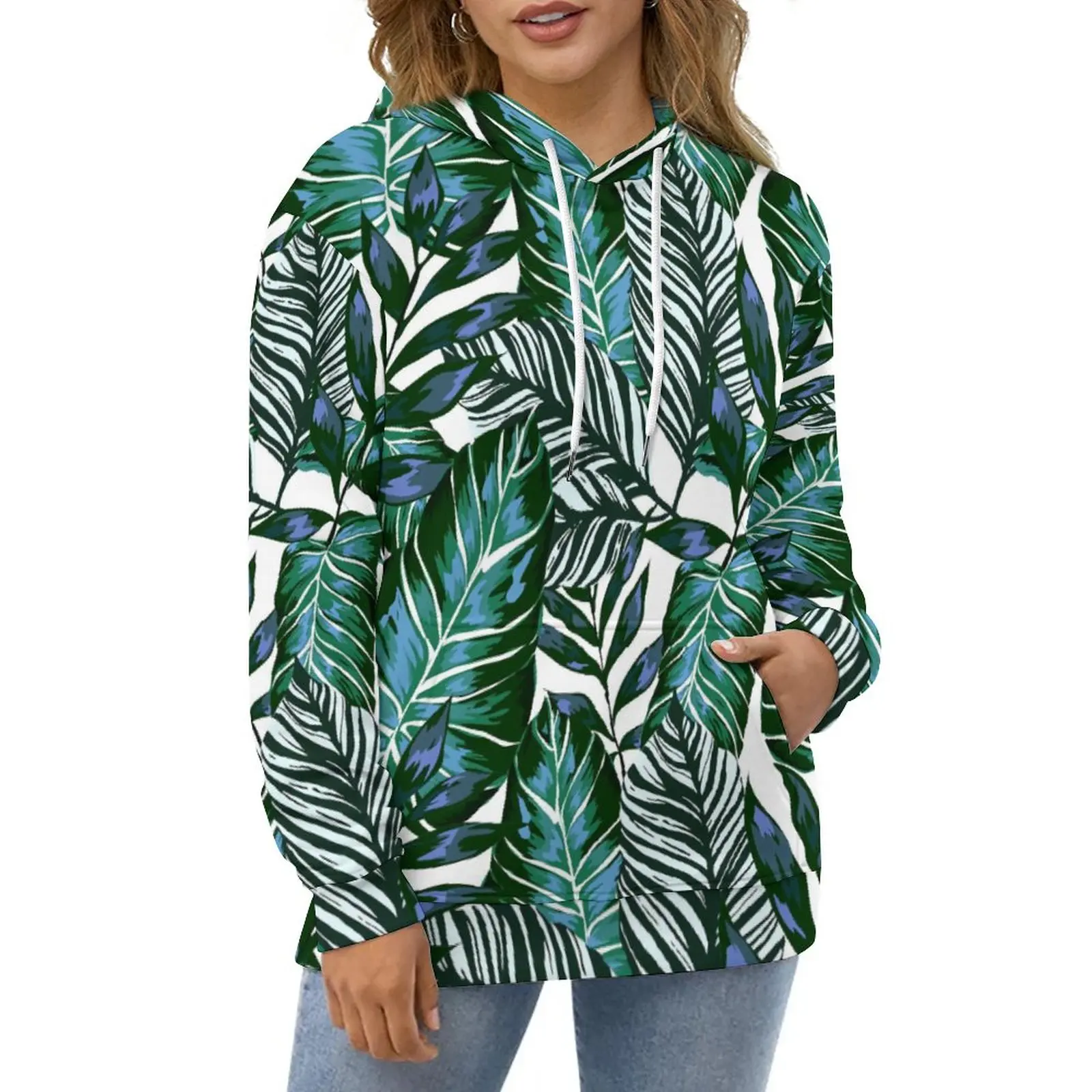 

Palm Leaves Green Hoodies Long Sleeve Tropical Forest Print Pretty Casual Pullover Hoodie Autumn Street Style Loose Sweatshirts