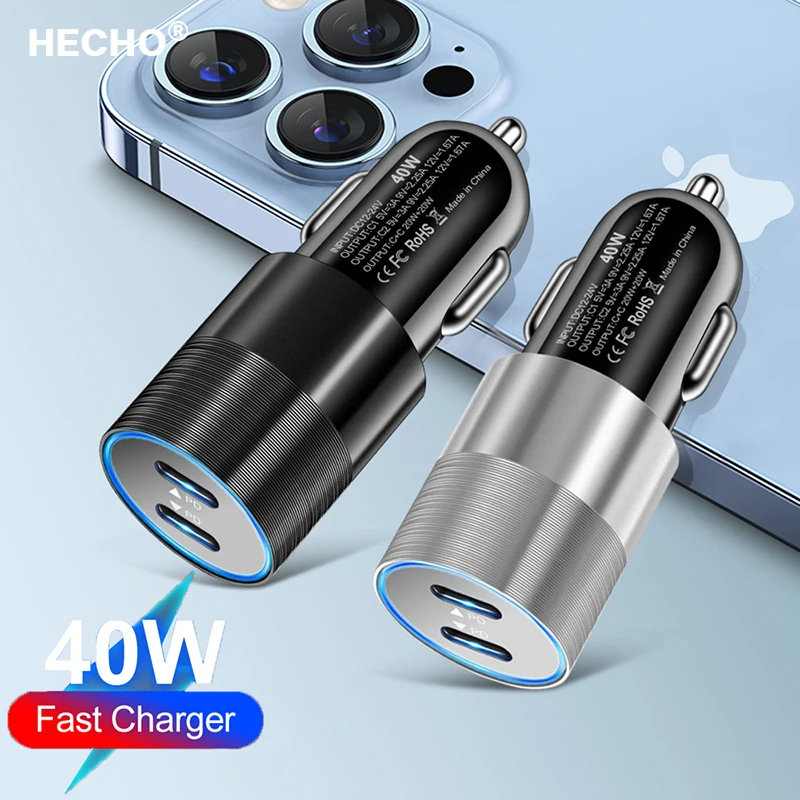 

40W Type C PD Car Charger 5V 3A Phone Charger Adapter 2Ports Dual Type C PD Fast Charging For iPhone Samsung Huawei Xiaom