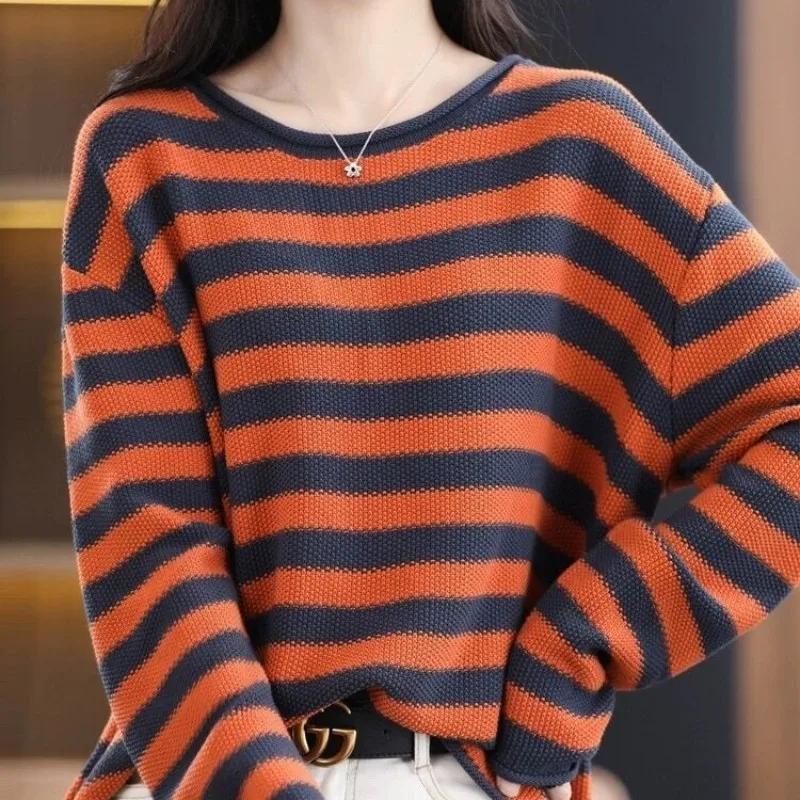 

Stripe Sweater Pullover Women Long Sleeve Top Loose Oversized Sweater O-Neck Jumper 2023 Autumn Women Clothing Knitwear Sweaters