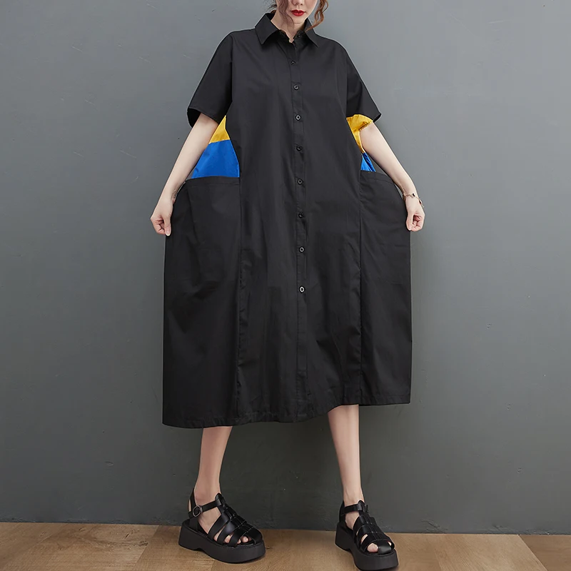 Женское платье-блузка составного кроя черное Повседневное платье в японском