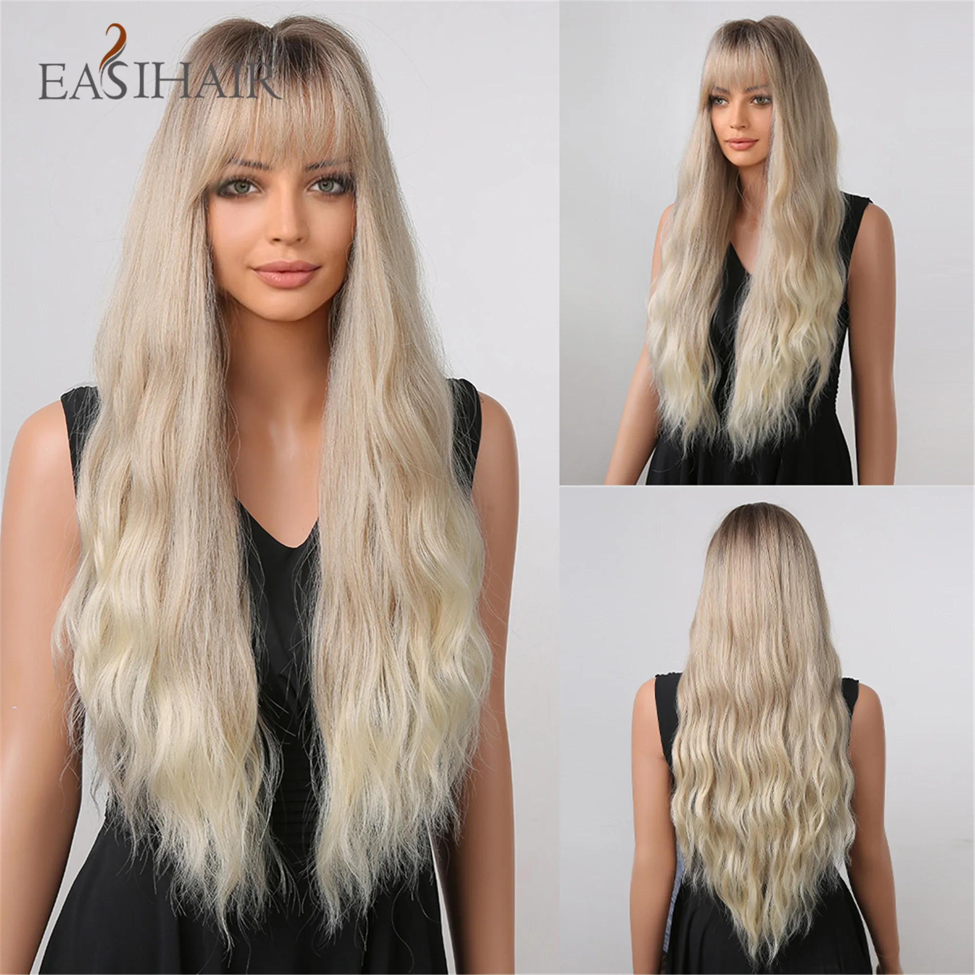 

EASIHAIR Long Wavy Wigs with Bang Platinum Blonde Synthetic Wigs for Black Women Daily Heat Resistant Fibers Wig with Dark Root